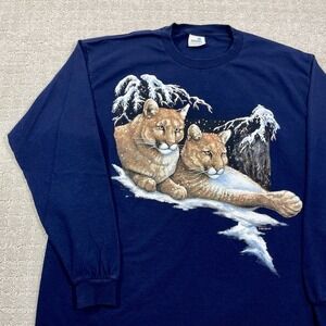 VTG 1996 Winter Mountain Lion Nature Sz L Cat Animal Wildlife Long Sleeve Tshirt